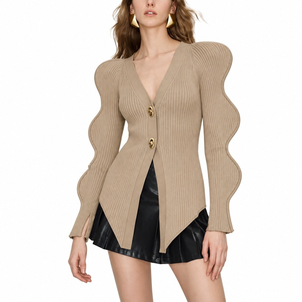 Urban Revivo Wave Sleeve V-Neck Knitted Cardigan Ribbed Beige V-Neck XXXL 14